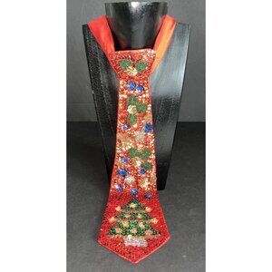 Silvestri Christmas Tree Neck Tie Embellished Sequins Beads Red Shinny Bright Vt
